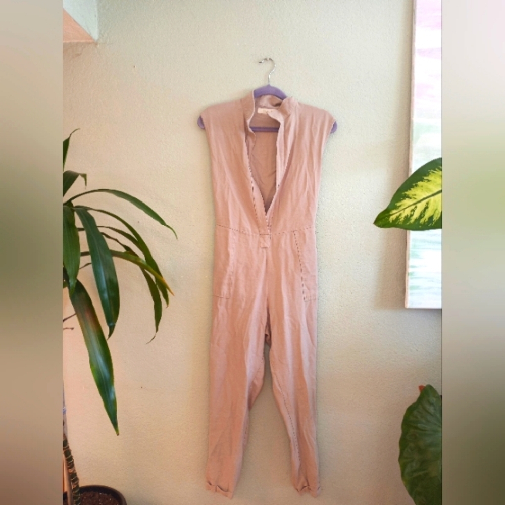 Plenty Utilitarian V Neck Lightweight Casual Comfy Sleeveless Khaki Jumpsuit